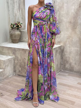 Colorful 3D Flower One Shoulder Long Sleeve Slit Ruched Maxi Dress