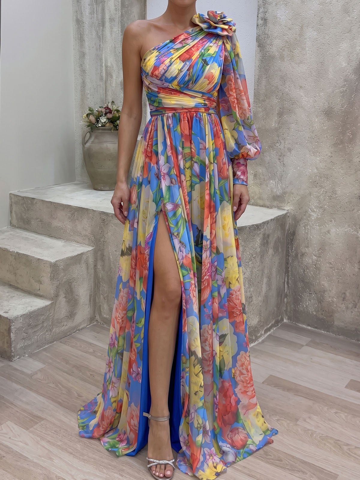 Colorful 3D Flower One Shoulder Long Sleeve Slit Ruched Maxi Dress