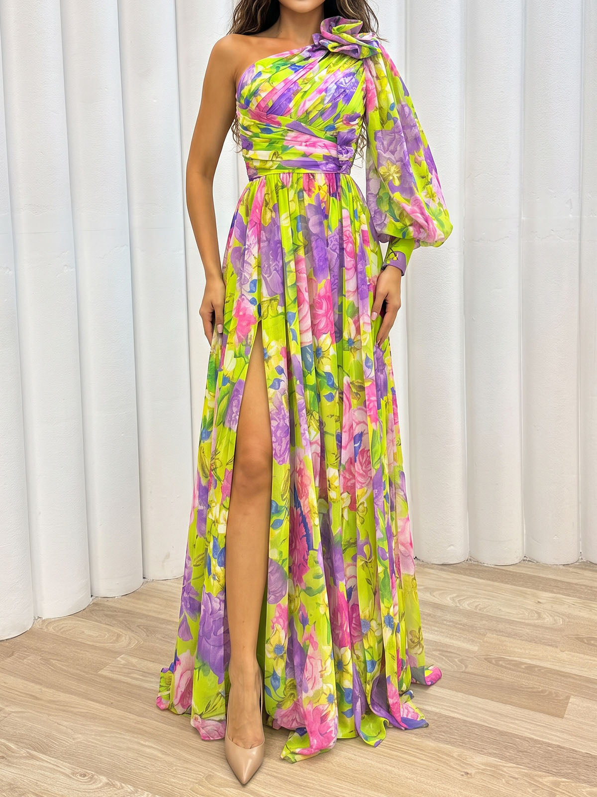 Colorful 3D Flower One Shoulder Long Sleeve Slit Ruched Maxi Dress