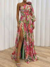 Colorful 3D Flower One Shoulder Long Sleeve Slit Ruched Maxi Dress