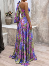 Colorful 3D Flower One Shoulder Long Sleeve Slit Ruched Maxi Dress