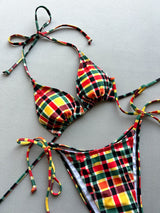 Colorful Gingham Tie Side Cheeky Halter Halter Two Piece Bikini Set
