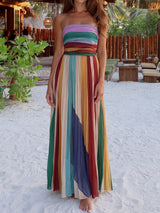 Colorful Rainbow Stripe Strapless High Waist Resort Pleated Maxi Dress