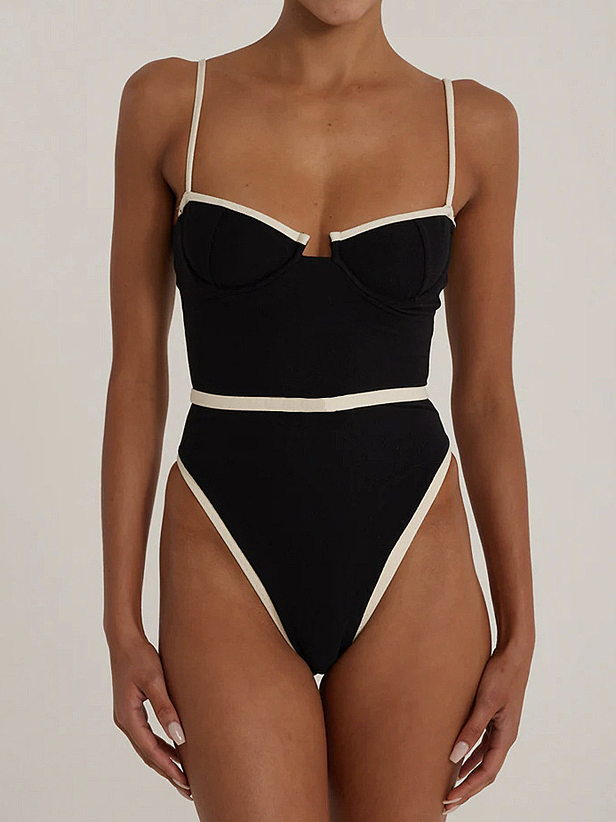 Contrast Block High Cut Cheeky Sexy Balconette One Piece Swimsuit