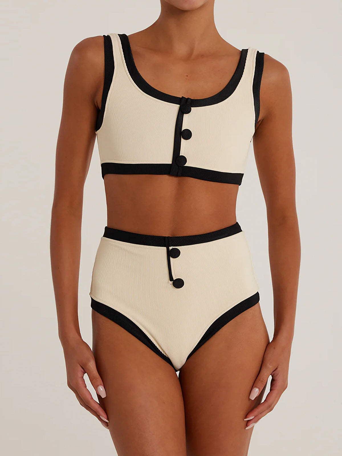 Contrast Trim Button High Waist Luxury Ribbed Two Piece Bikini Set