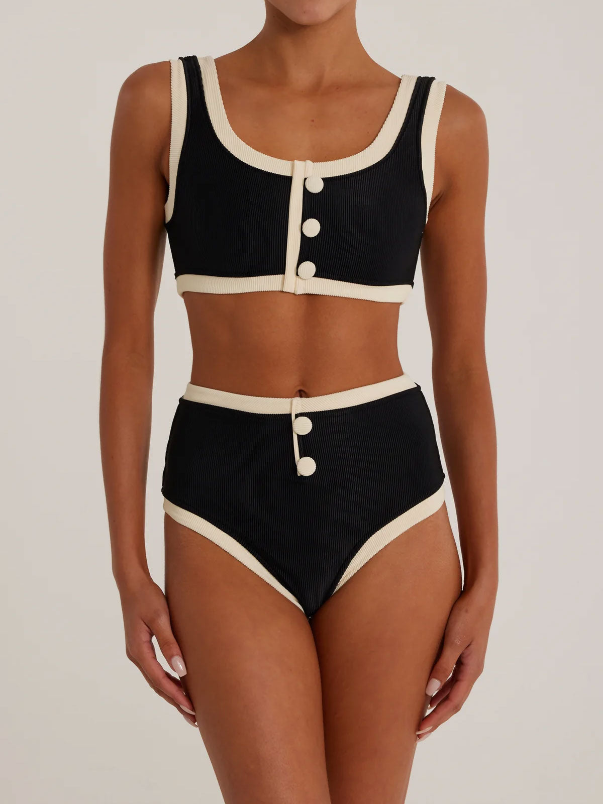 Contrast Trim Button High Waist Luxury Ribbed Two Piece Bikini Set