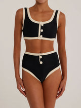 Contrast Trim Button High Waist Luxury Ribbed Two Piece Bikini Set