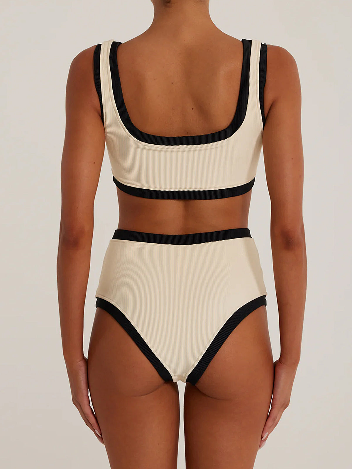 Contrast Trim Button High Waist Luxury Ribbed Two Piece Bikini Set