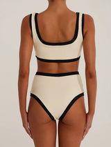Contrast Trim Button High Waist Luxury Ribbed Two Piece Bikini Set