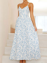 Cute Bow Tie V Neck Drop Waist Resort Floral Print Slip Midi Dress