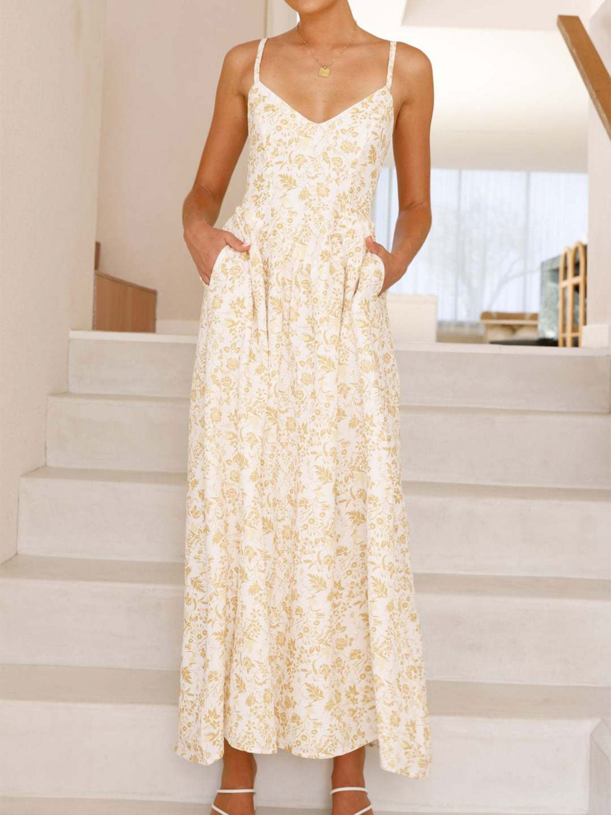 Cute Bow Tie V Neck Drop Waist Resort Floral Print Slip Midi Dress