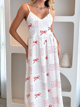 Cute Bow Tie V Neck Drop Waist Resort Floral Print Slip Midi Dress