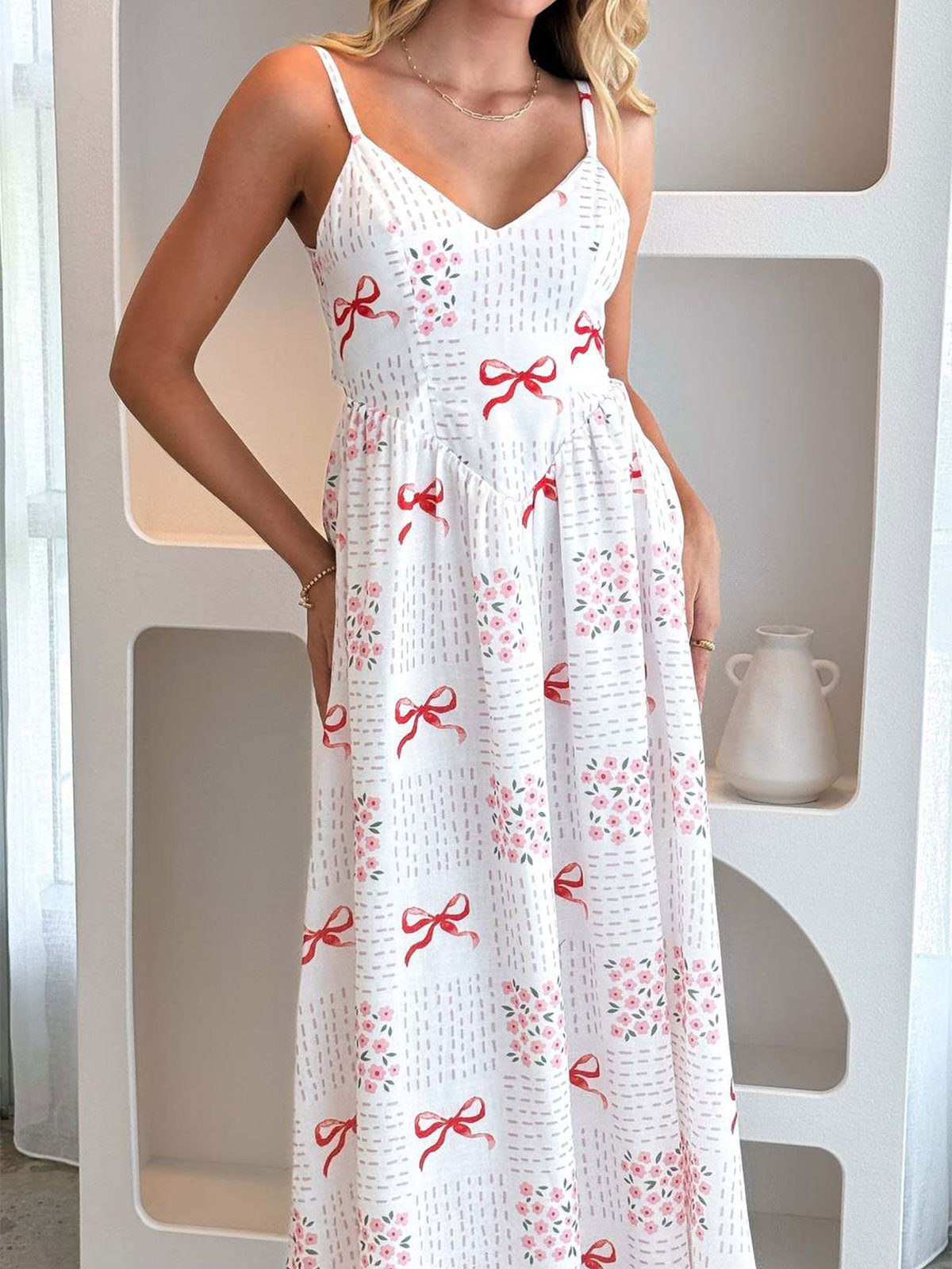 Cute Bow Tie V Neck Drop Waist Resort Floral Print Slip Midi Dress