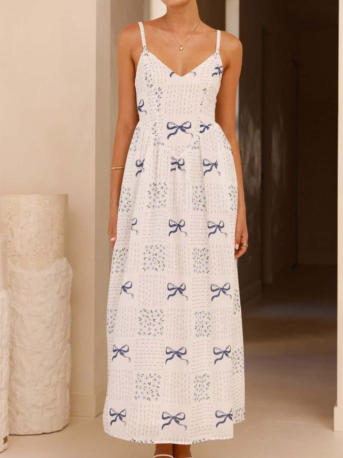 Cute Bow Tie V Neck Drop Waist Resort Floral Print Slip Midi Dress