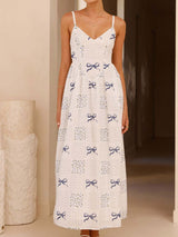Cute Bow Tie V Neck Drop Waist Resort Floral Print Slip Midi Dress