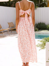 Cute Bow Tie V Neck Drop Waist Resort Floral Print Slip Midi Dress