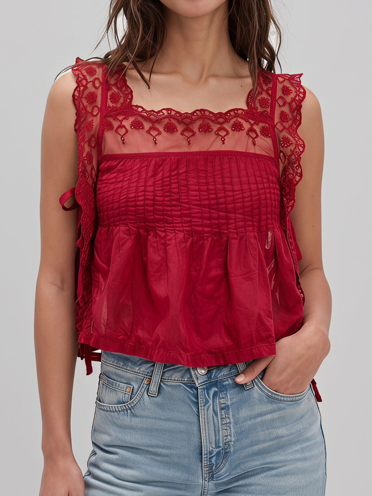 Cute Floral Lace Square Neck Resort Tie Side Crop Pintuck Tank Top