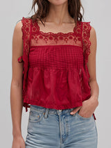 Cute Floral Lace Square Neck Resort Tie Side Crop Pintuck Tank Top