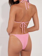 Cute Floral Trim String Cheeky Seersucker Triangle Two Piece Bikini Set
