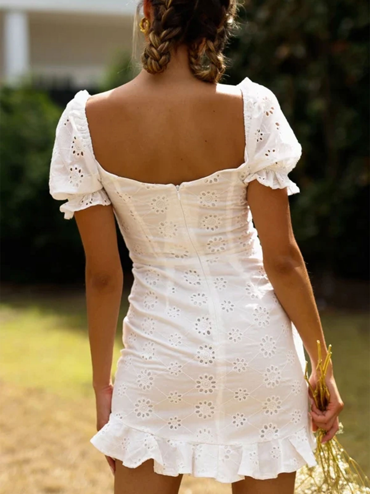 Cute Lace Up Puff Sleeve Resort Ruffle Broderie Anglaise Mini Dress