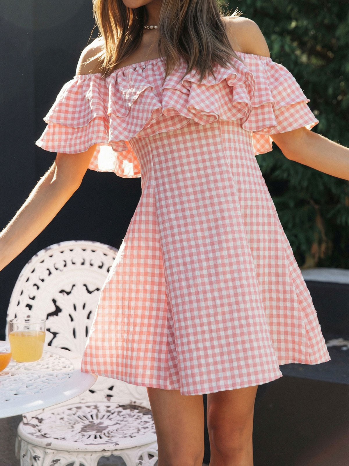 Cute Layered Ruffle Off Shoulder A Line Resort Gingham Mini Dress