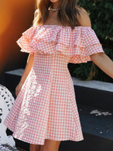 Cute Layered Ruffle Off Shoulder A Line Resort Gingham Mini Dress