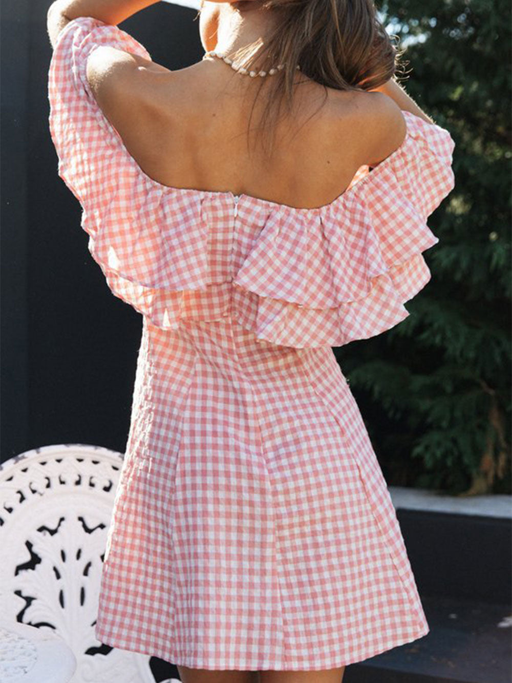 Cute Layered Ruffle Off Shoulder A Line Resort Gingham Mini Dress