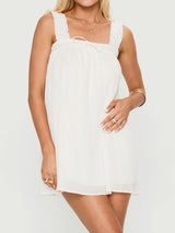 Cute Square Neck Bow Trim Babydoll Resort Pleated Mini Sundress