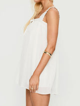 Cute Square Neck Bow Trim Babydoll Resort Pleated Mini Sundress