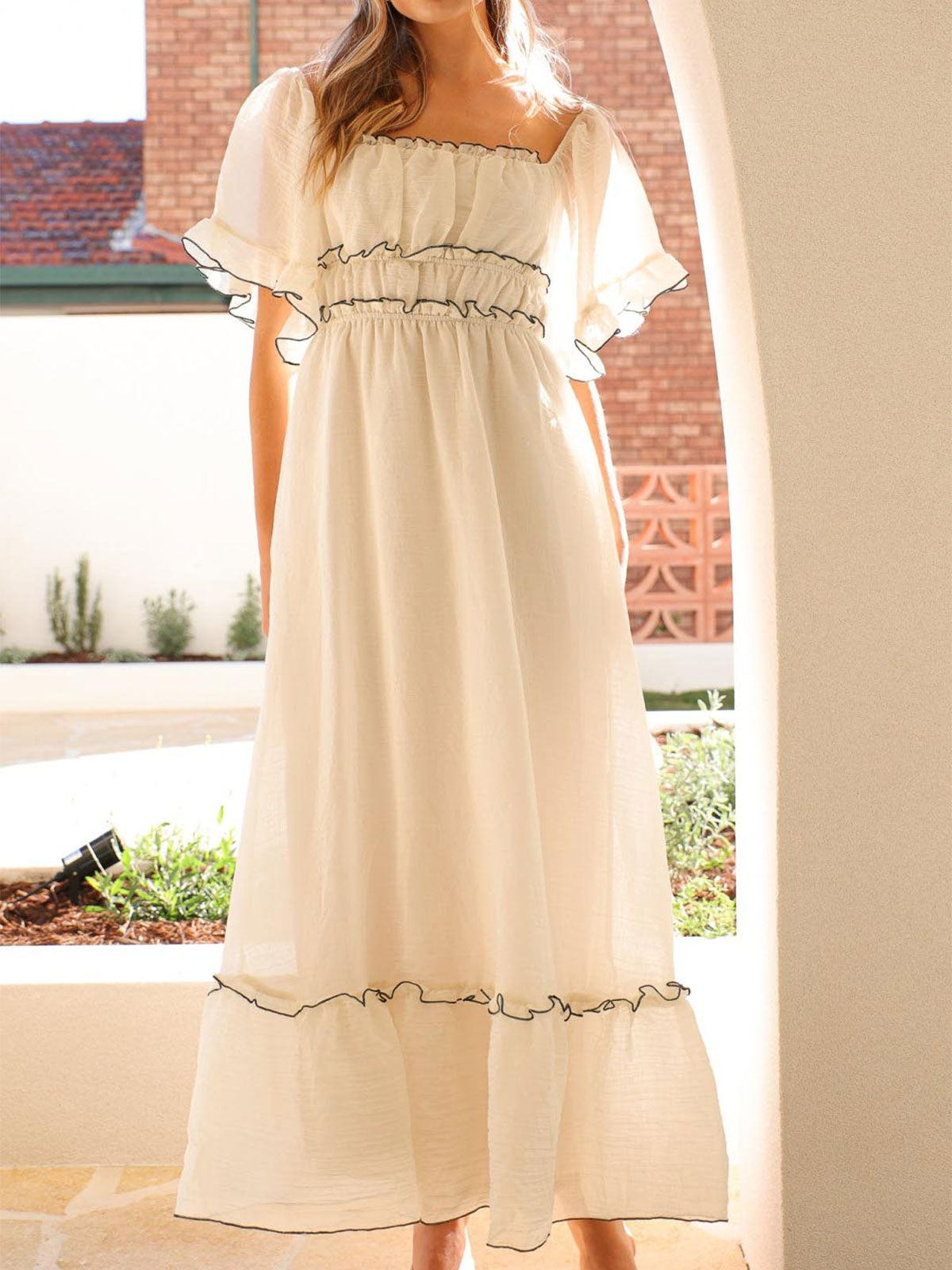 Dreamy Square Neck Contrast Trim Ruffle Resort Puff Sleeve Midi Dress