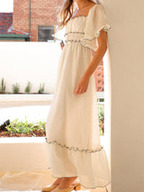 Dreamy Square Neck Contrast Trim Ruffle Resort Puff Sleeve Midi Dress