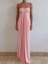 Effortless Chic Halter Tie Column Resort Draped Ruched Maxi Dress