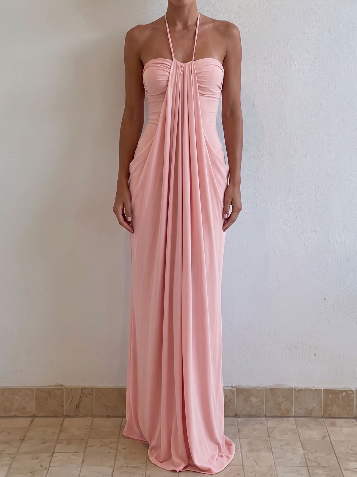 Effortless Chic Halter Tie Column Resort Draped Ruched Maxi Dress
