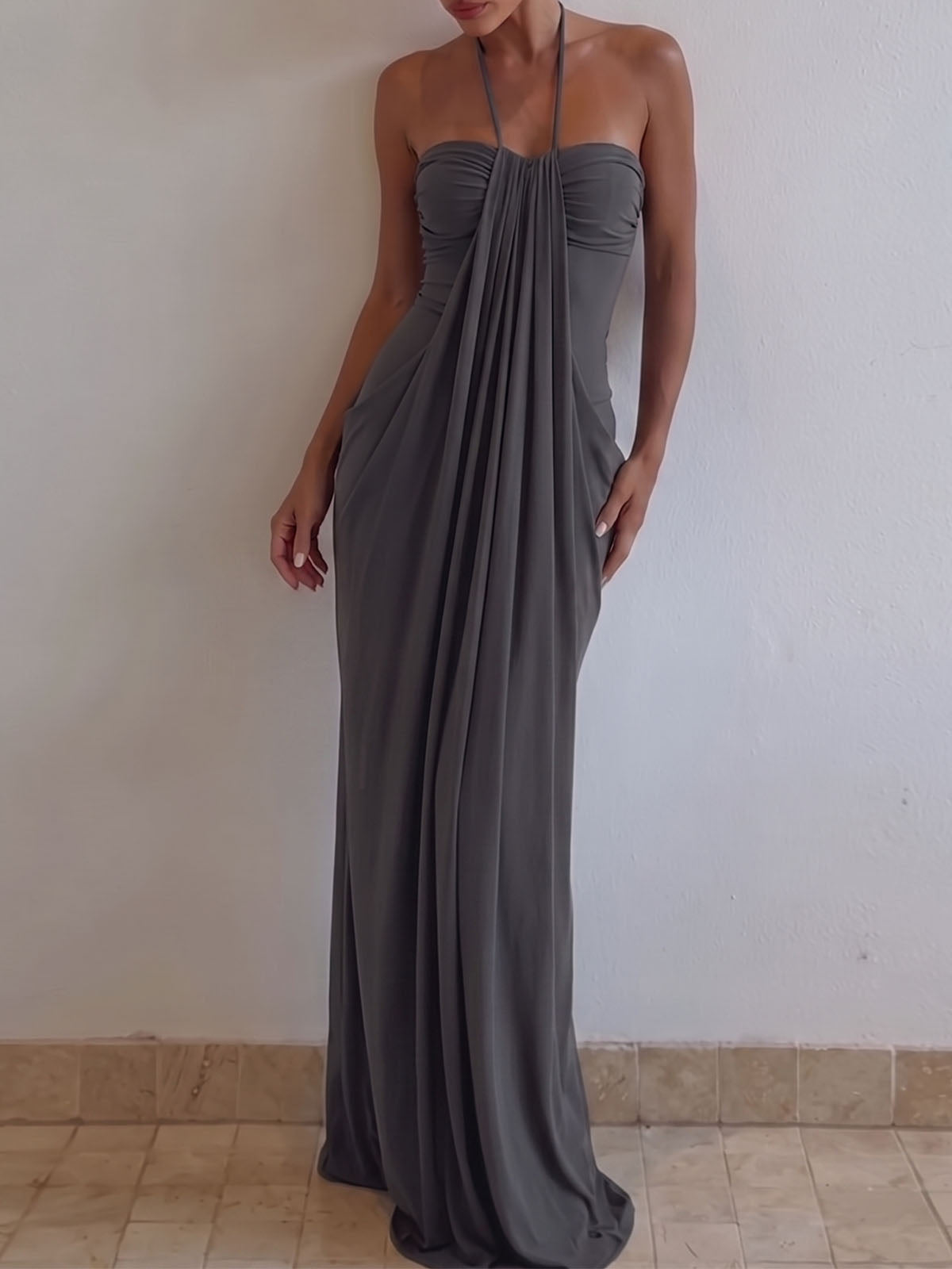 Effortless Chic Halter Tie Column Resort Draped Ruched Maxi Dress