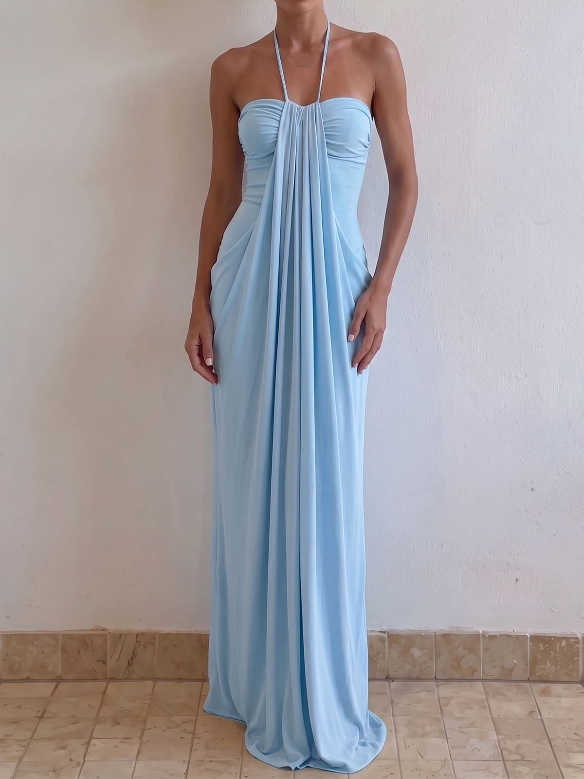 Effortless Chic Halter Tie Column Resort Draped Ruched Maxi Dress