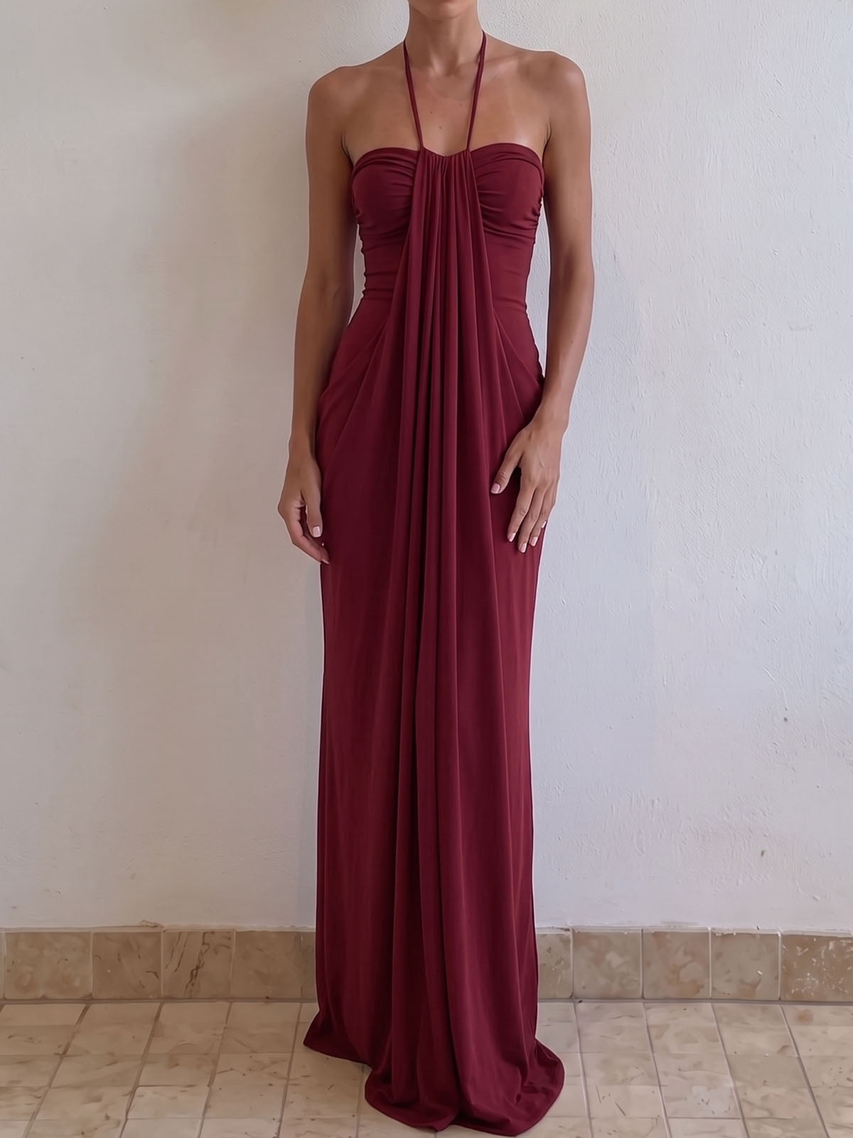 Effortless Chic Halter Tie Column Resort Draped Ruched Maxi Dress