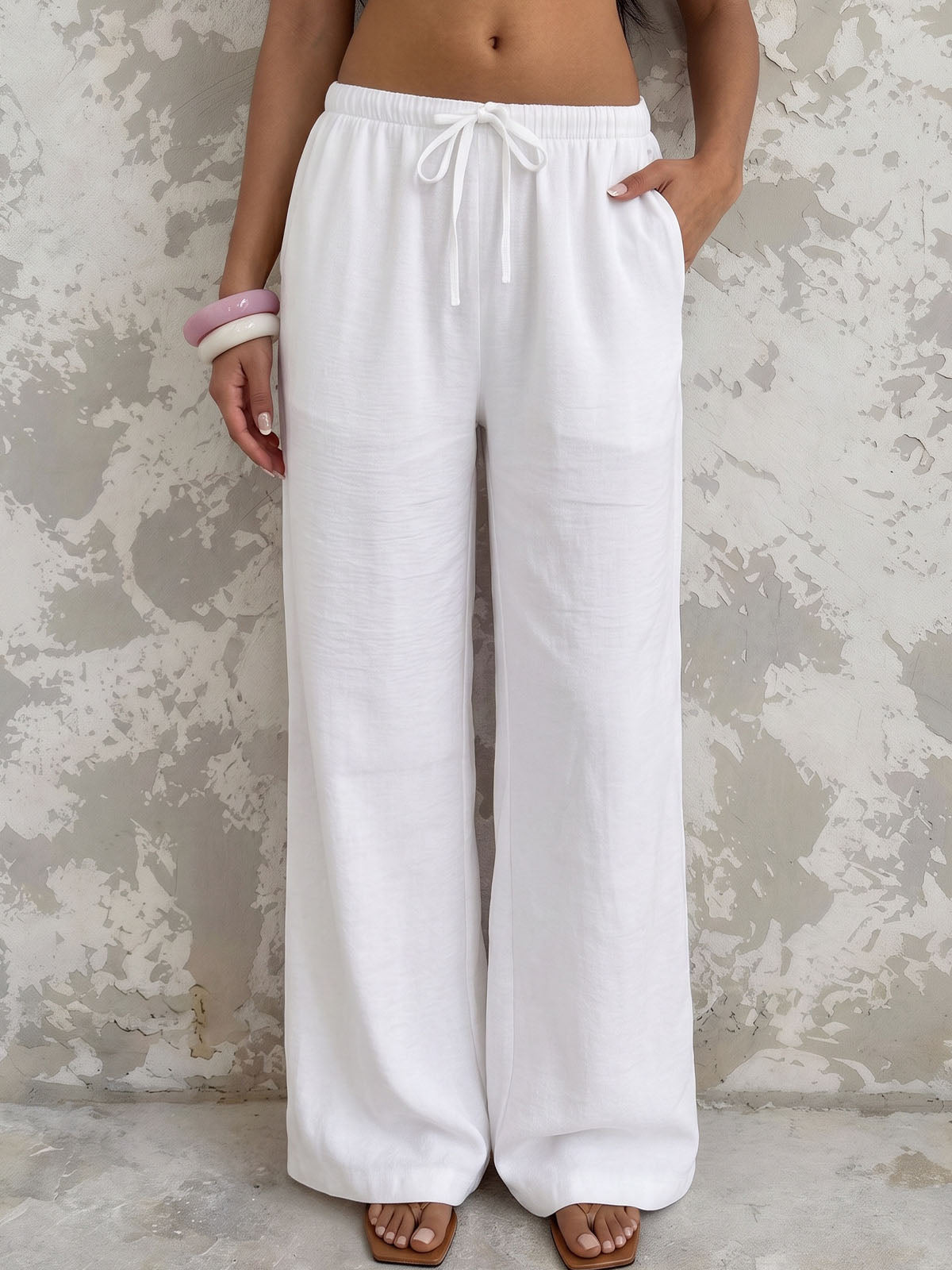 Effortless Drawstring Tie Waist Solid White Resort Wide Leg Pants