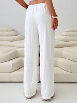 Effortless Drawstring Tie Waist Solid White Resort Wide Leg Pants