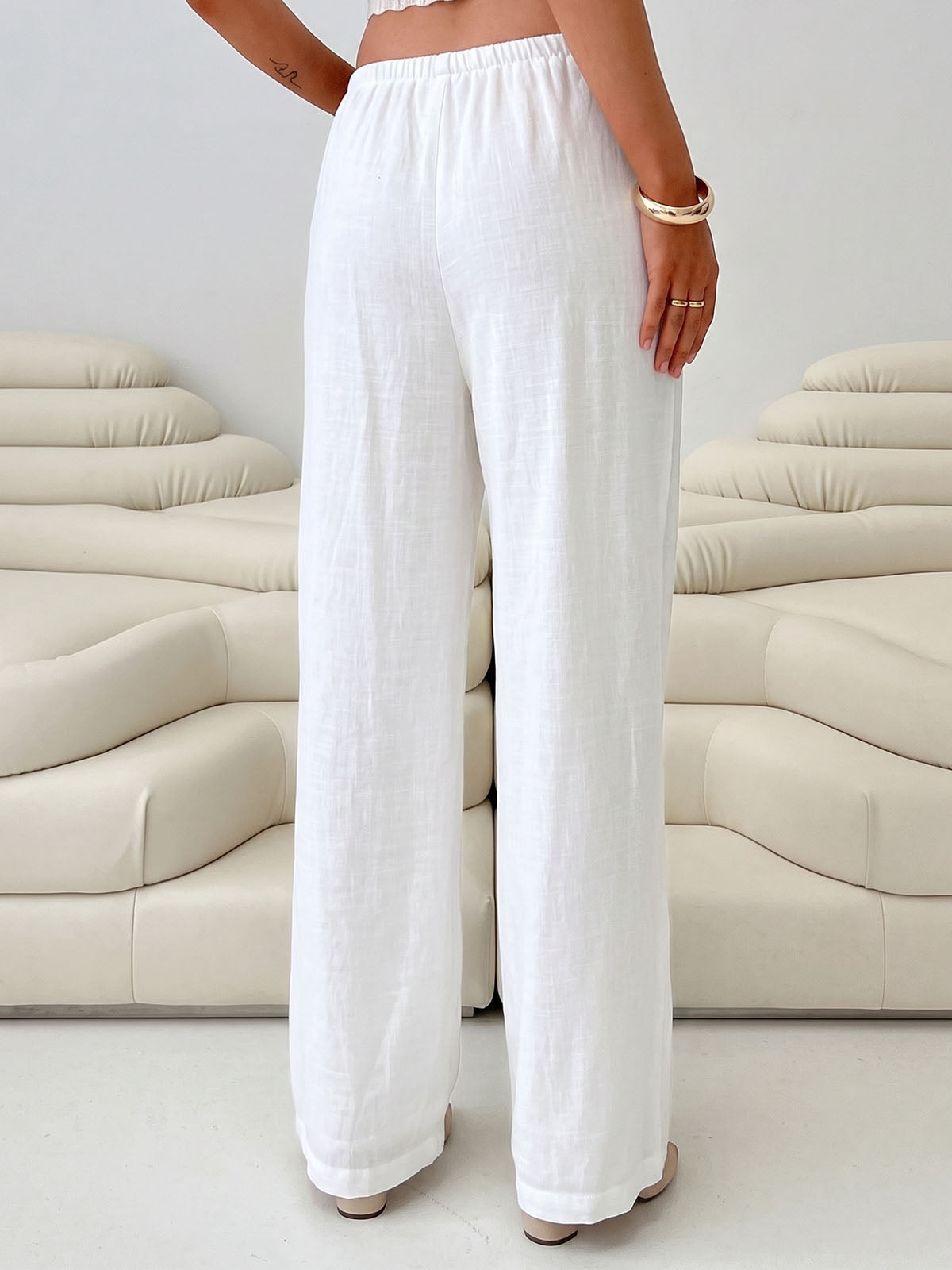Effortless Drawstring Tie Waist Solid White Resort Wide Leg Pants