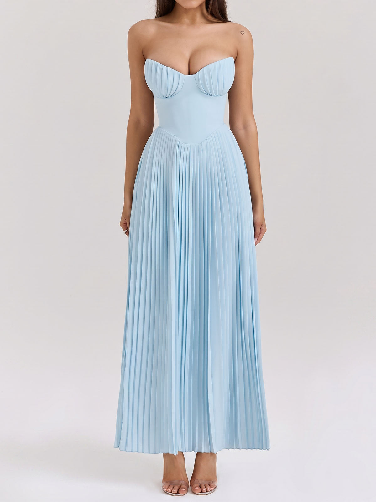 Elegant Bustier Strapless Fit Flare Drop Waist Resort Pleated Midi Dress