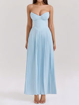 Elegant Bustier Strapless Fit Flare Drop Waist Resort Pleated Midi Dress