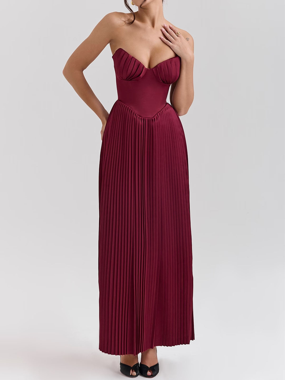 Elegant Bustier Strapless Fit Flare Drop Waist Resort Pleated Midi Dress