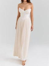 Elegant Bustier Strapless Fit Flare Drop Waist Resort Pleated Midi Dress