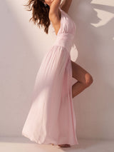 Elegant Halter Neck Open Back High Split Resort Ruched Maxi Dress