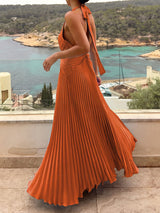 Elegant Plunge Halter Twisted Waist Open Back Resort Pleated Maxi Dress
