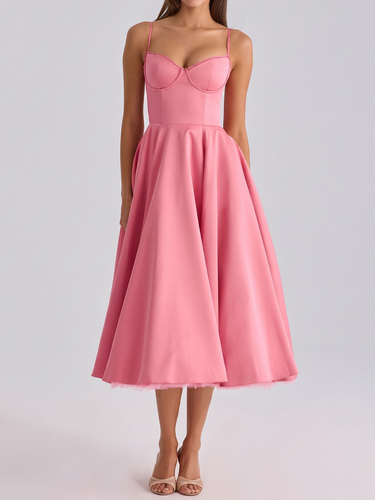 Elegant Sweetheart Fit & Flare Tulle Layer Resort Satin Slip Midi Dress