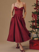 Elegant Sweetheart Fit & Flare Tulle Layer Resort Satin Slip Midi Dress