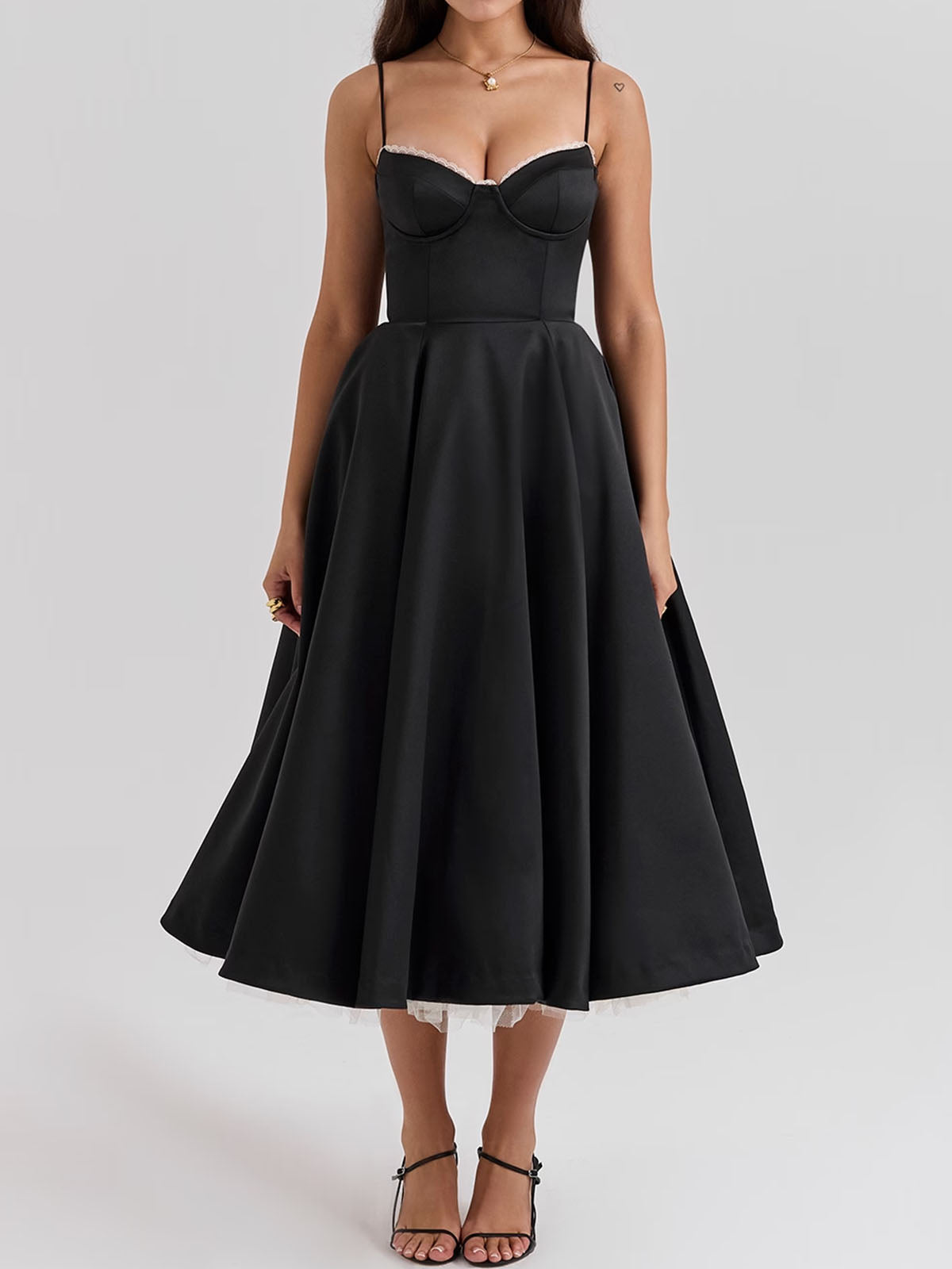 Elegant Sweetheart Fit & Flare Tulle Layer Resort Satin Slip Midi Dress