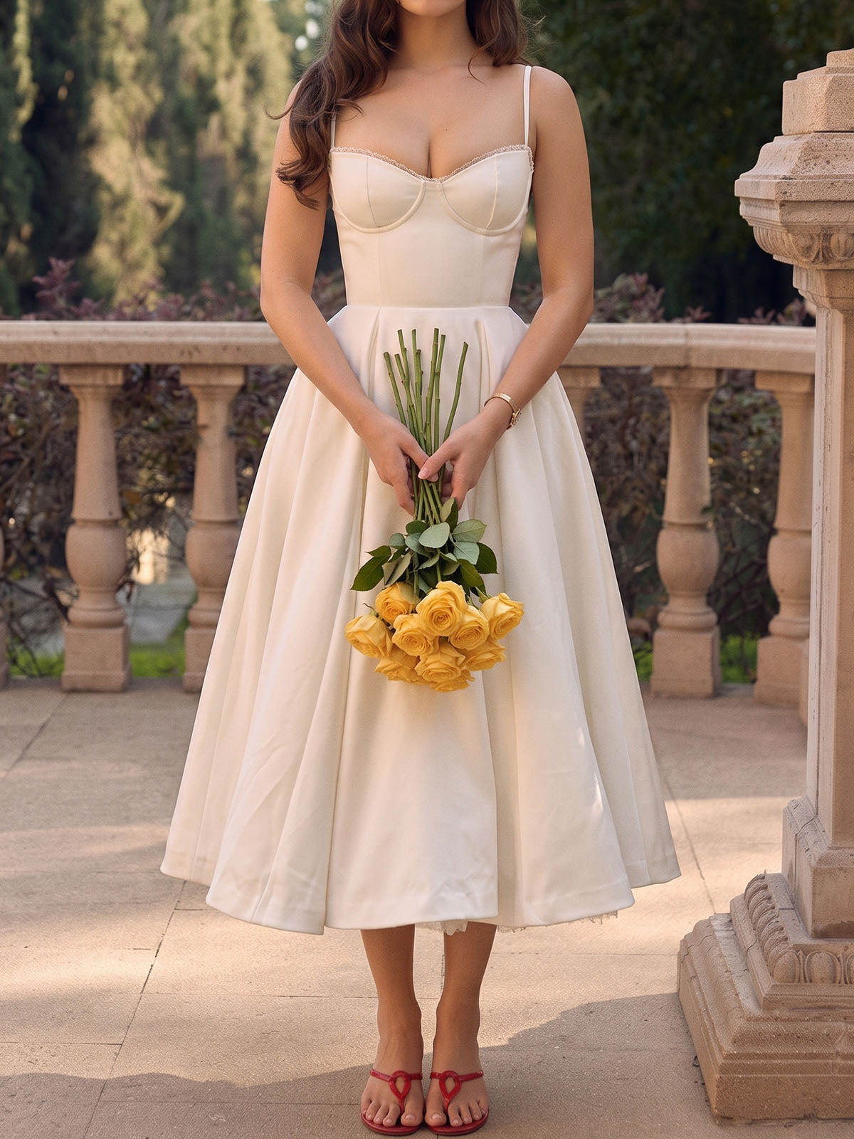 Elegant Sweetheart Fit & Flare Tulle Layer Resort Satin Slip Midi Dress