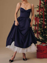 Elegant Sweetheart Fit & Flare Tulle Layer Resort Satin Slip Midi Dress